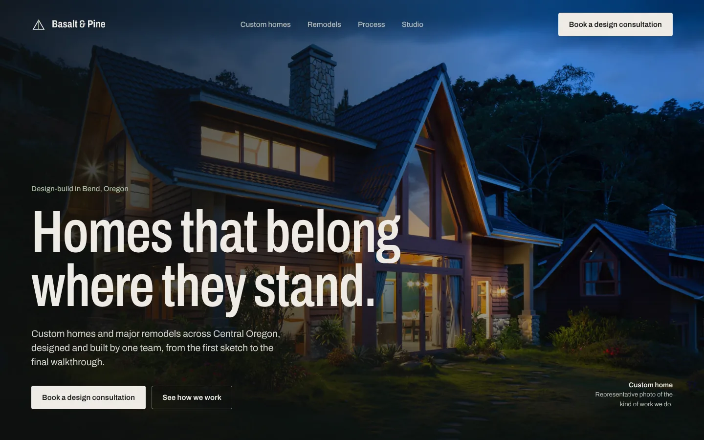 Demo concept homepage for Basalt & Pine, a fictional contractor, on desktop