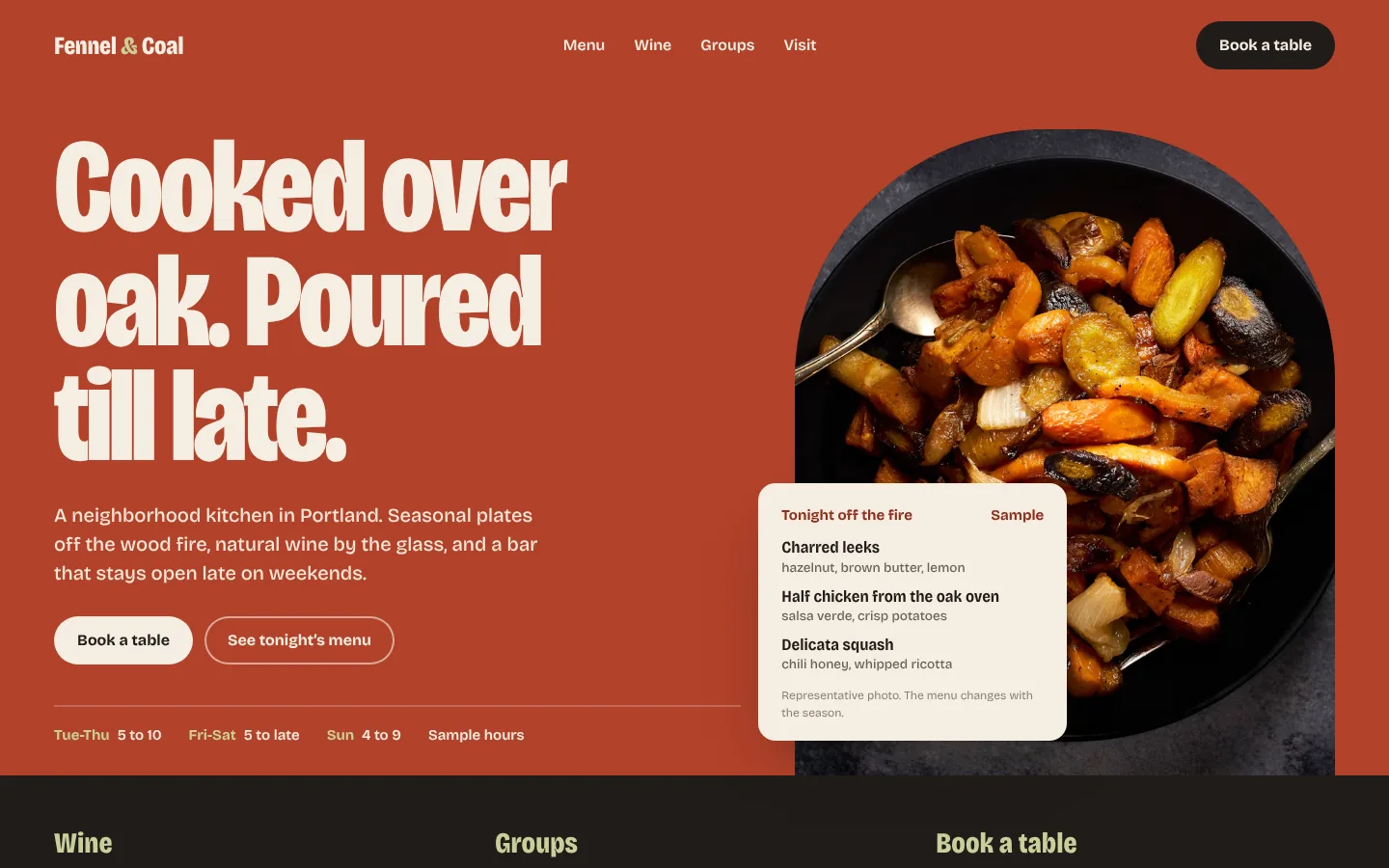 Demo concept homepage for Fennel & Coal, a fictional restaurant, on desktop
