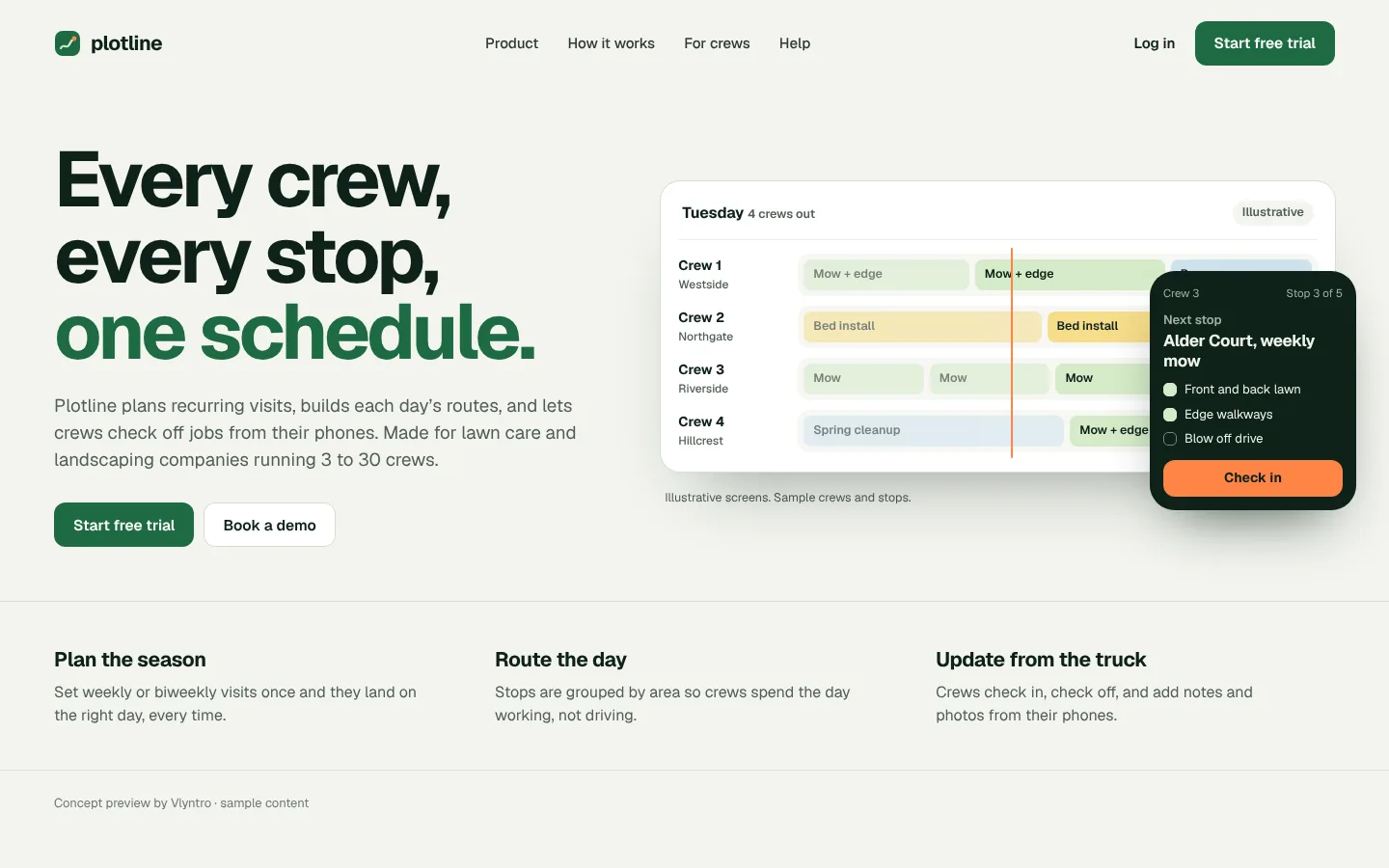 Demo concept homepage for Plotline, a fictional software product, on desktop