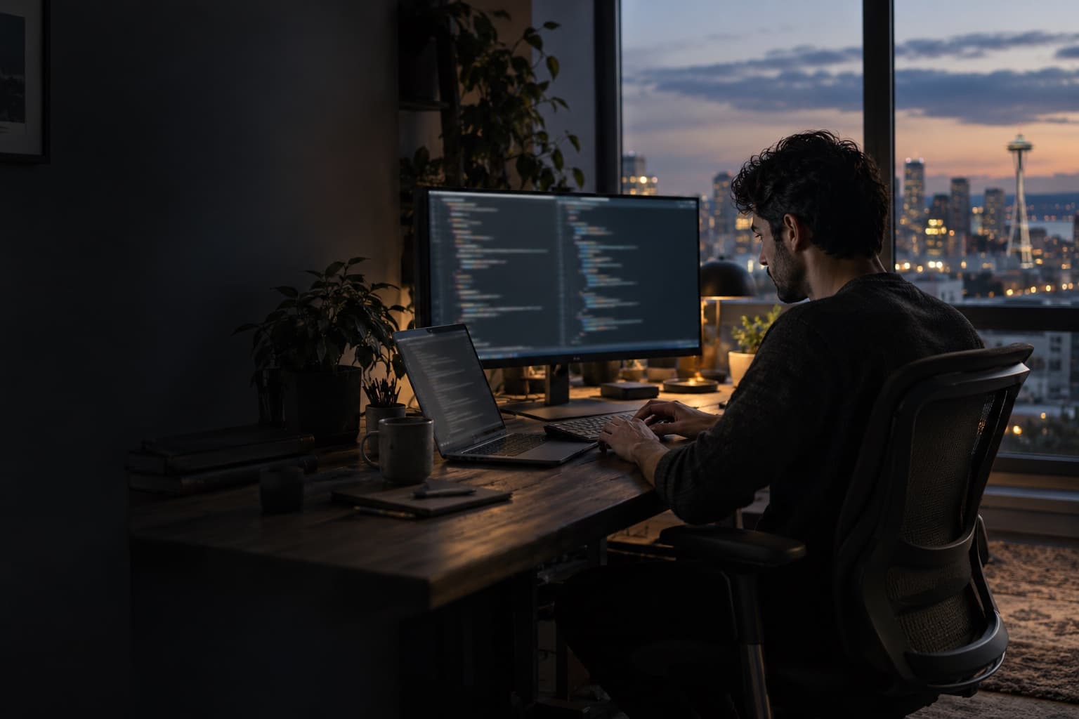 Software developer using AI-assisted tools at a workstation overlooking Seattle