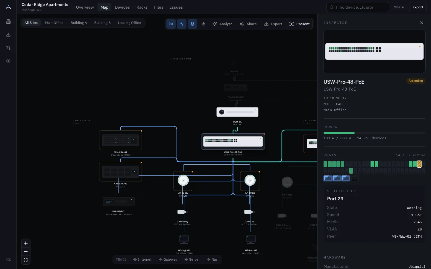 ArcAtlas switch inspector showing ports, VLAN 20, a peer interface, and path tracing