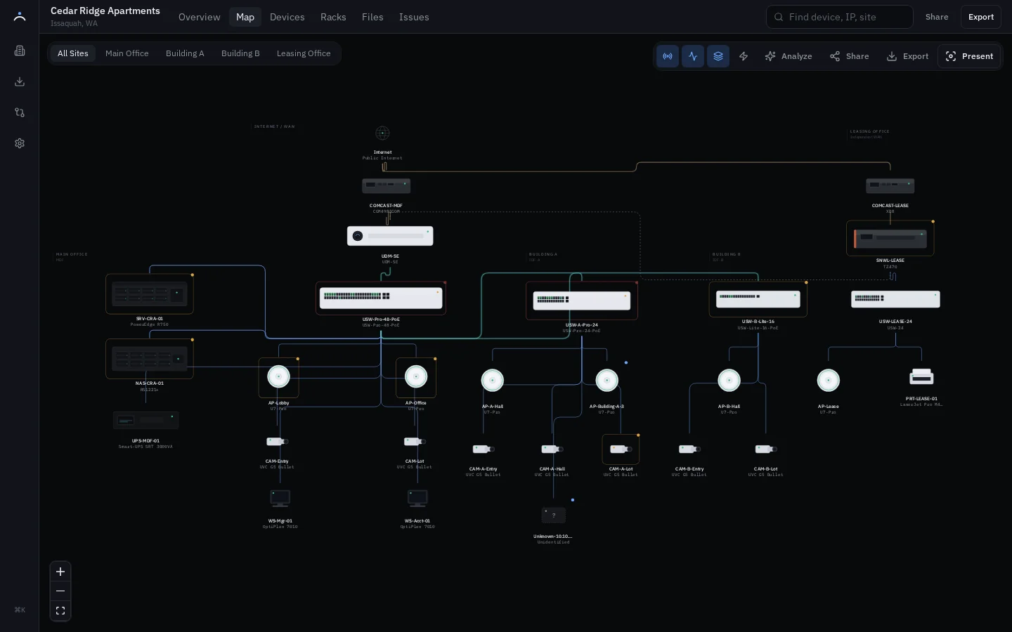 ArcAtlas Next topology canvas with gateways, switches, servers, access points, and endpoints