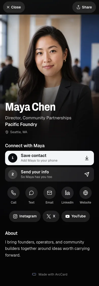 ArcCard public sample card on a phone: Maya Chen's photo, title, Save contact and Send your info buttons, and contact links