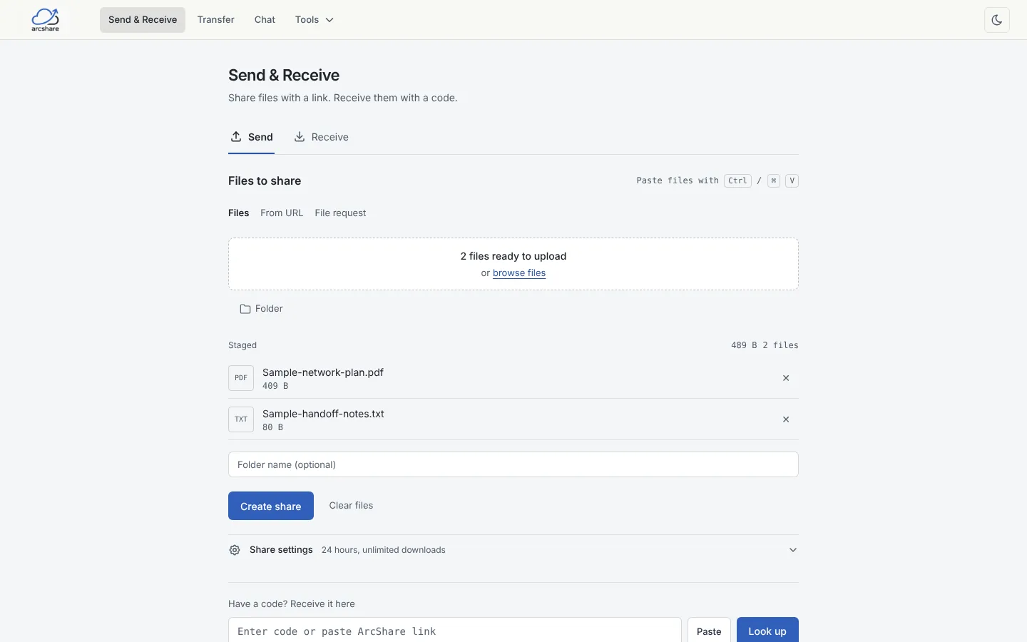 ArcShare send workspace with two sample files staged and a Create share button