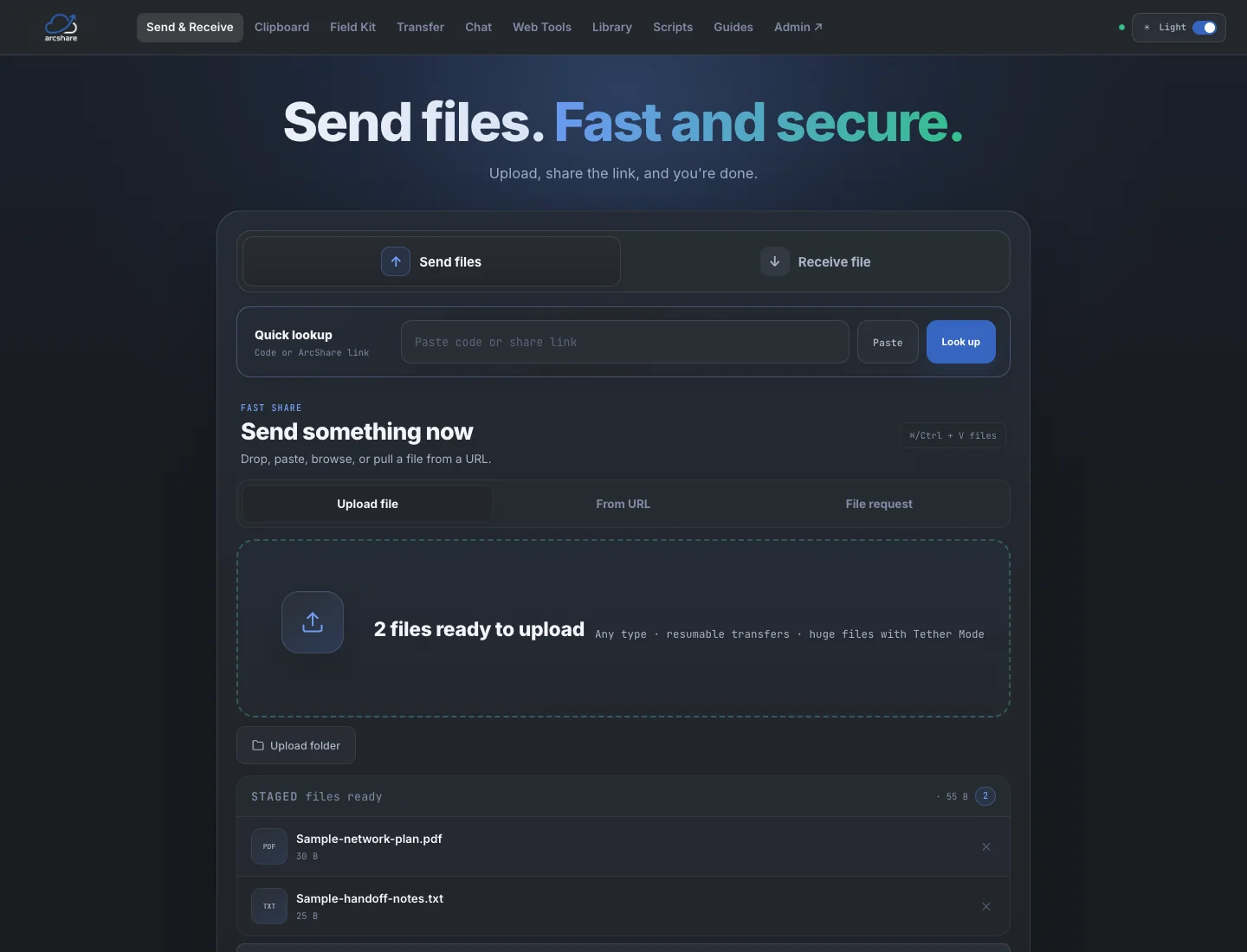 ArcShare staging two safe sample files with upload and share controls