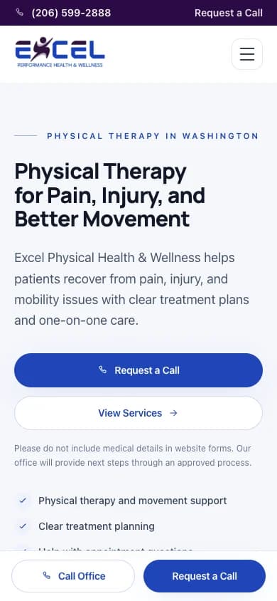 Excel Performance Health & Wellness homepage on a phone
