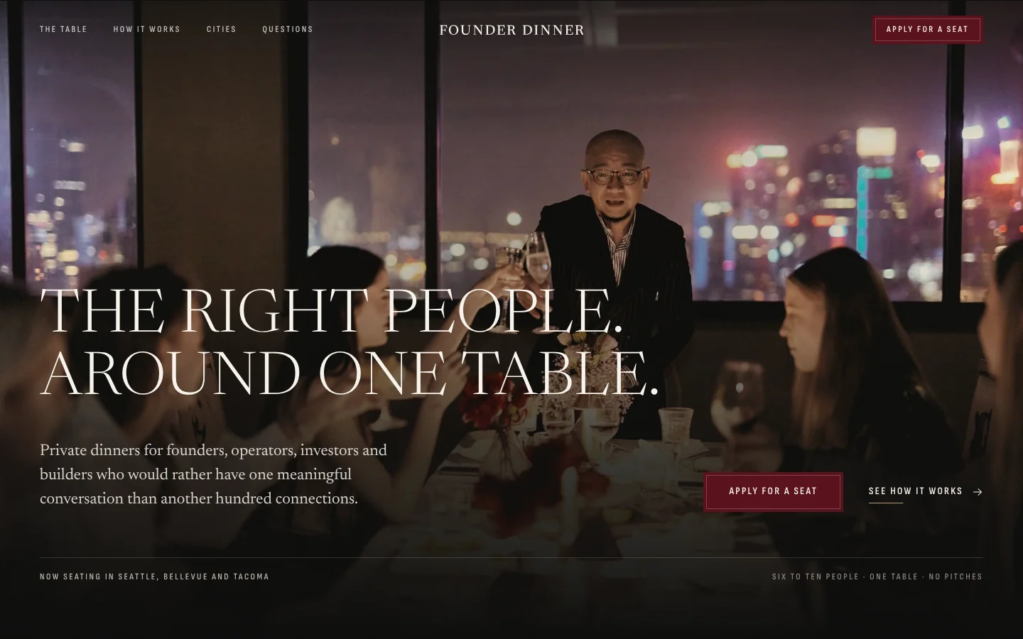 Founder Dinner homepage on desktop