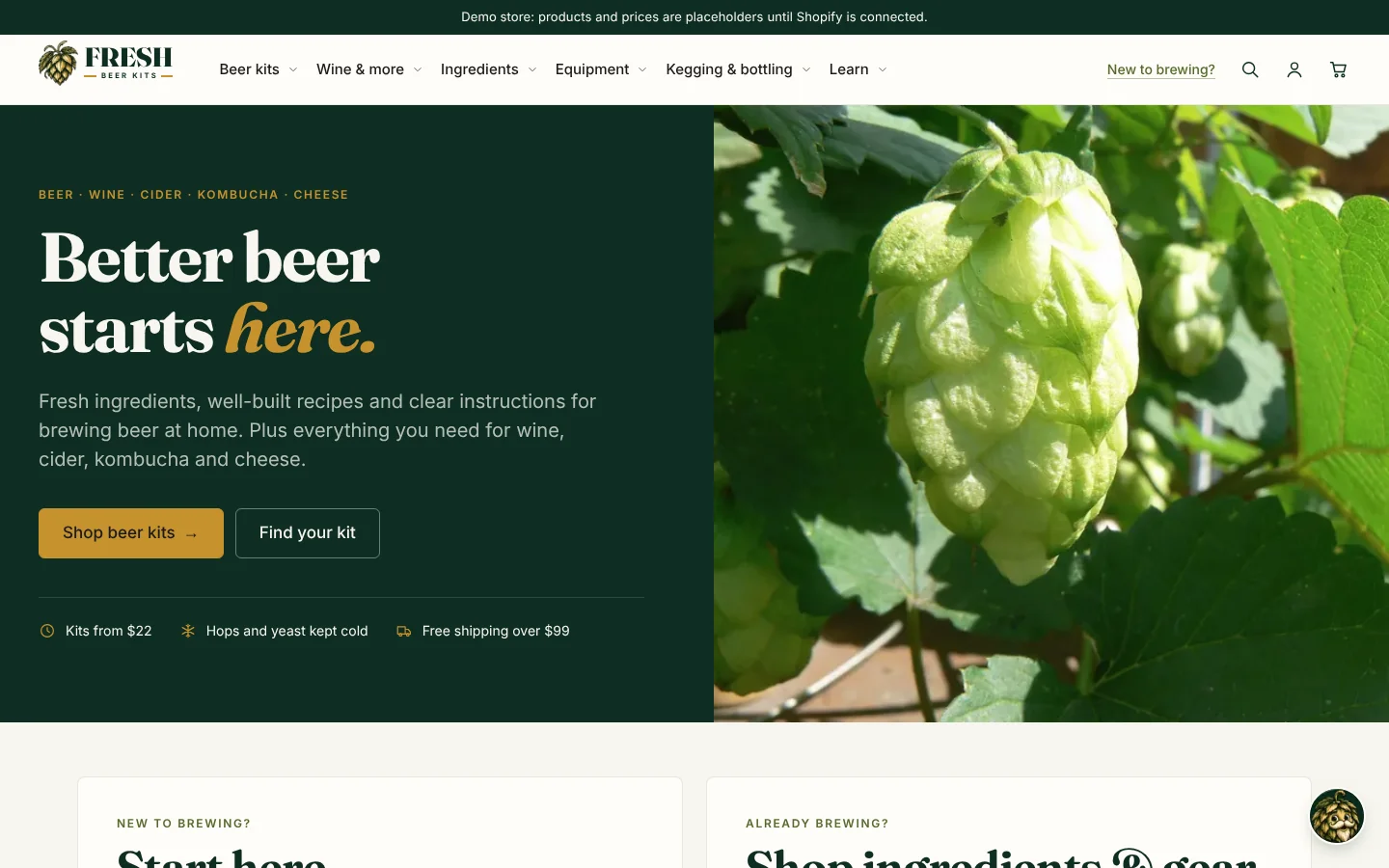Fresh Beer Kits homepage on desktop