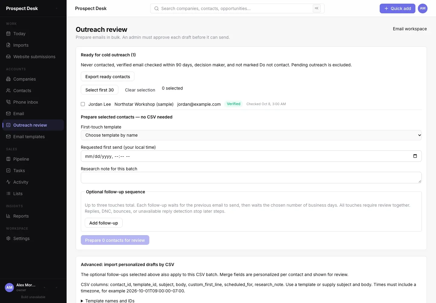 Prospect Desk verified contact queue and outreach preparation controls