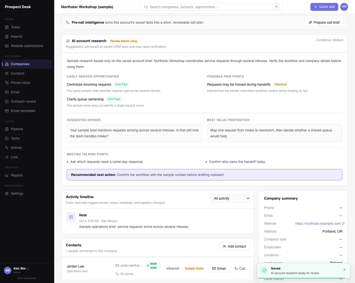 Prospect Desk account research panel with service opportunities, inferred risks, and a reviewed next step