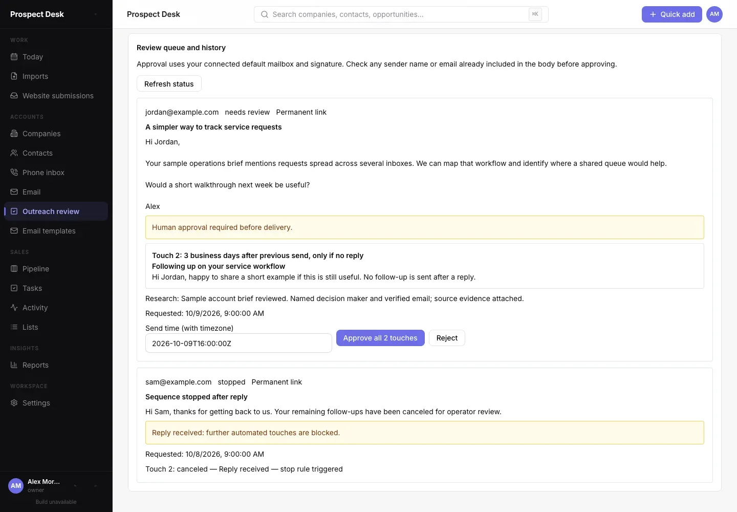 Prospect Desk review queue with human approval and a sequence stopped after a reply