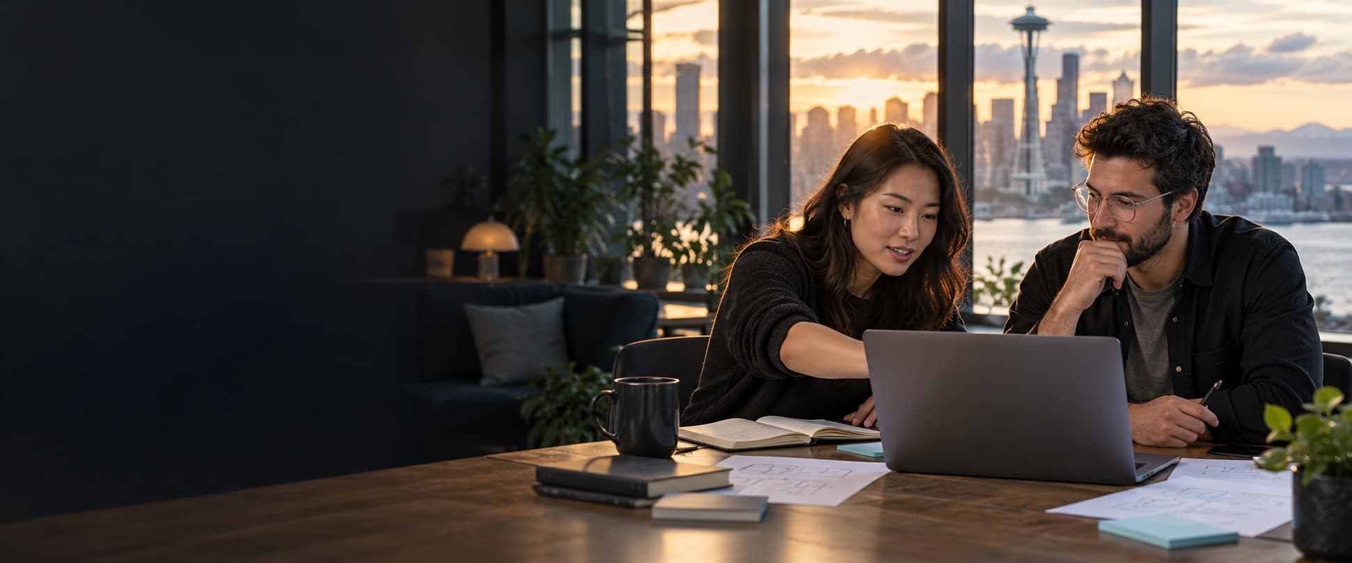 Two colleagues reviewing a software project in a Seattle studio at sunset