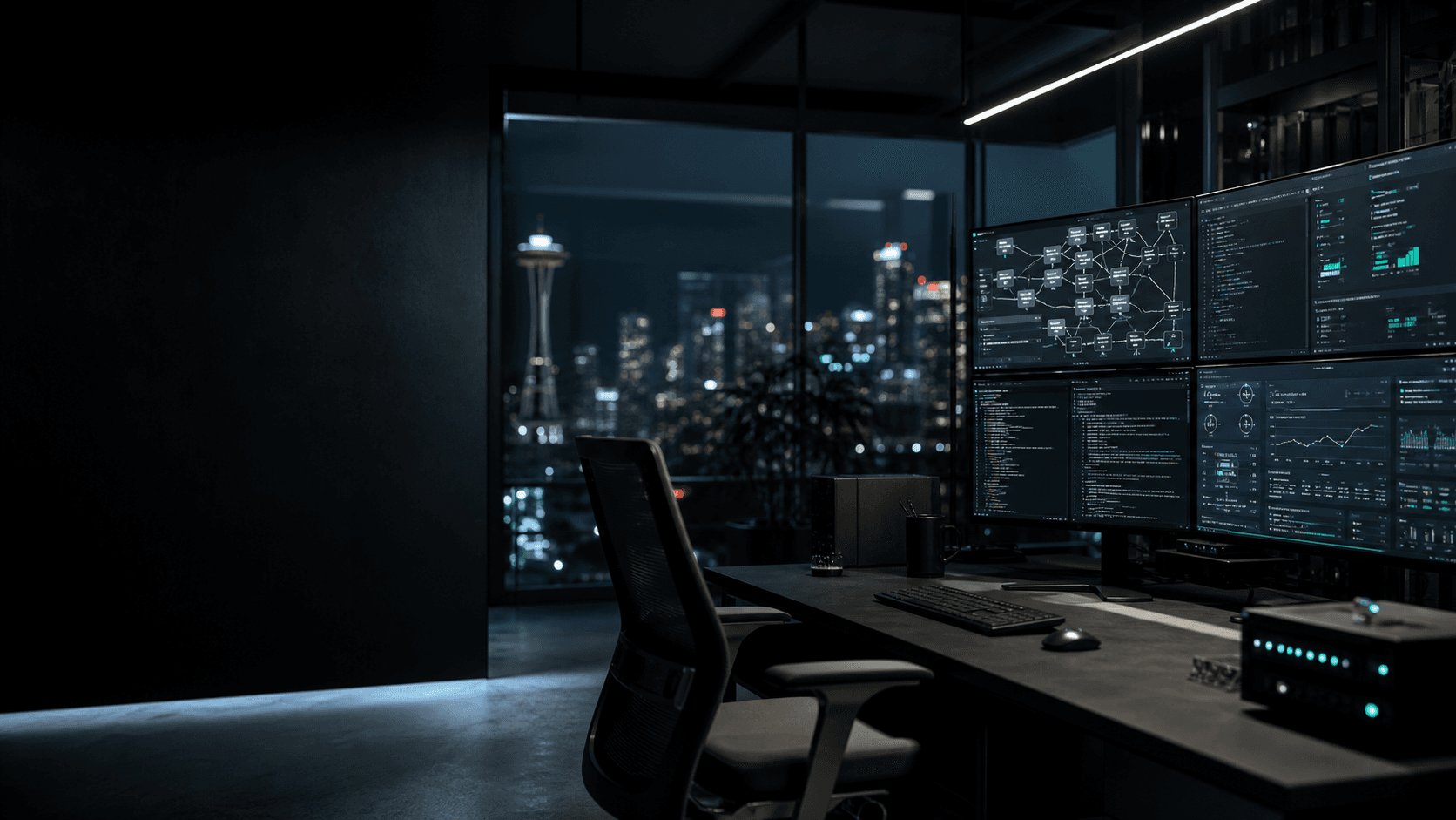 Dark operations workspace with automation systems running