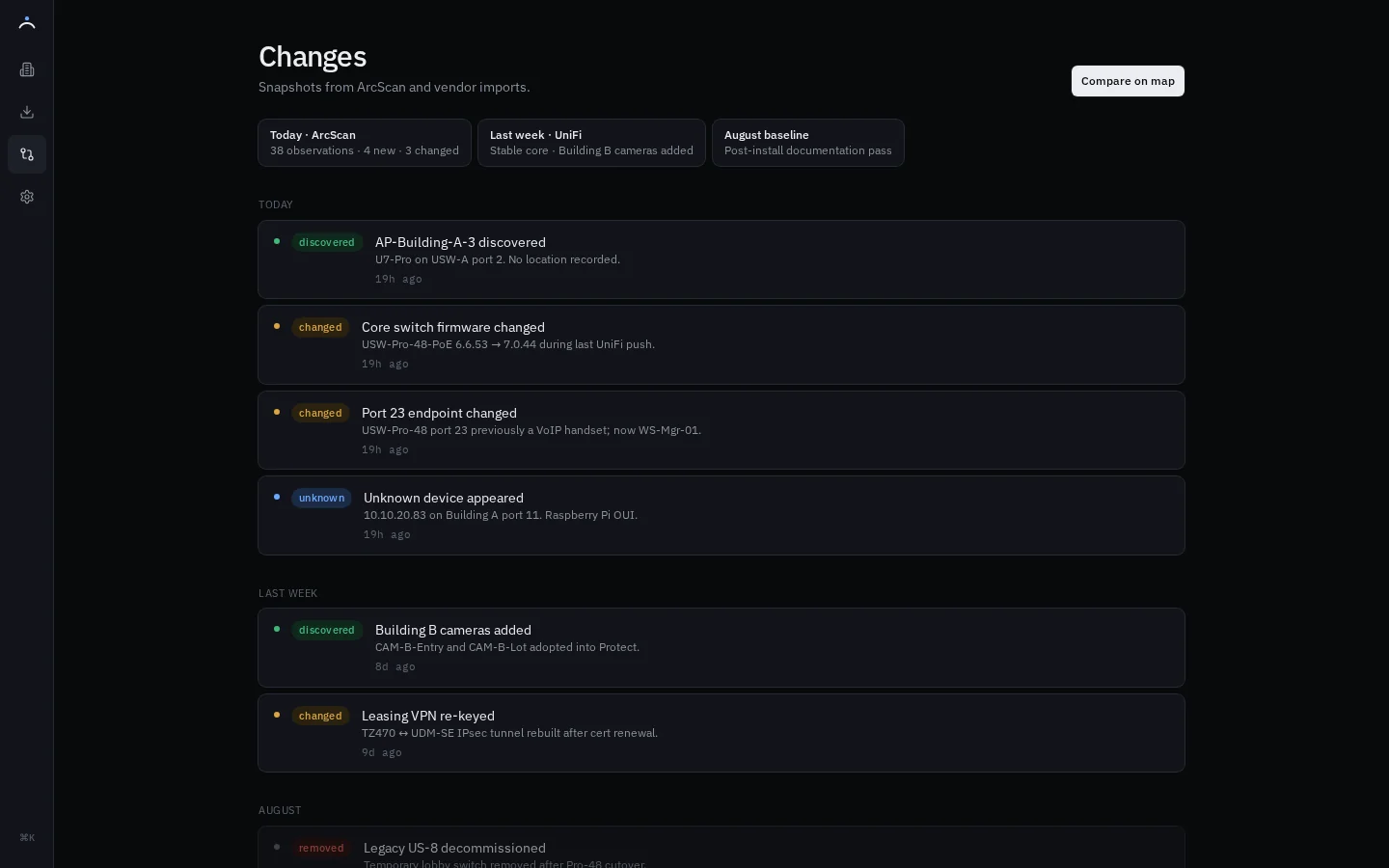ArcAtlas change timeline with ArcScan discoveries, device changes, and unknown infrastructure