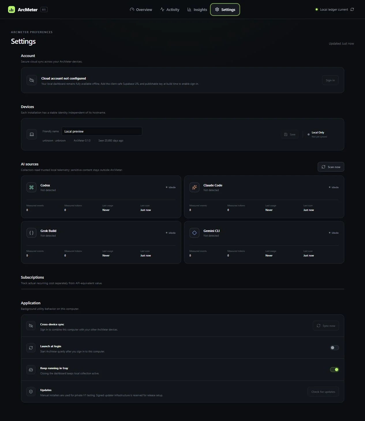 ArcMeter local settings interface